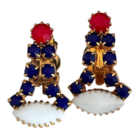 Vintage Rhinestone Earrings Prong Set Crystal Navette Red White Blue 8O - Picture 3 of 4
